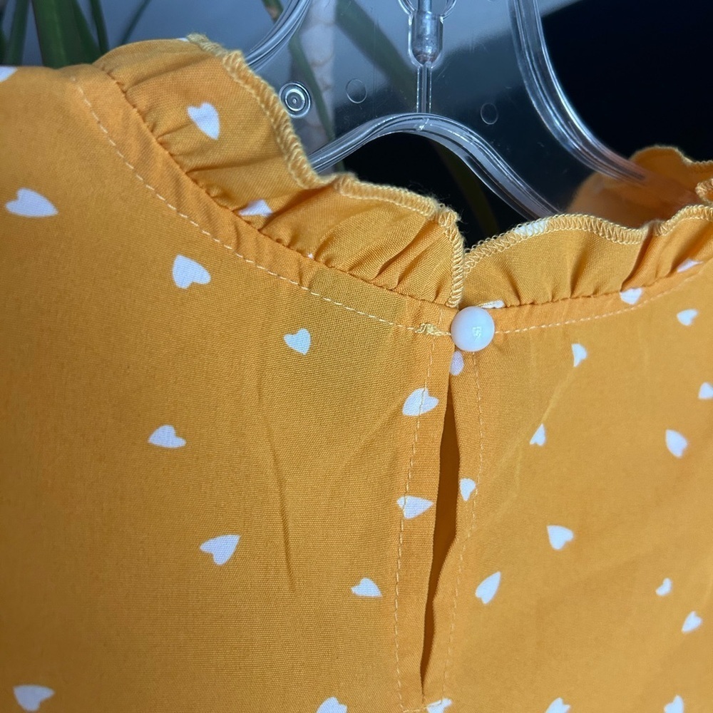 SHEIN Mustard Heart Print Blouse Women’s XS Puff Sleeve Cottagecore Top